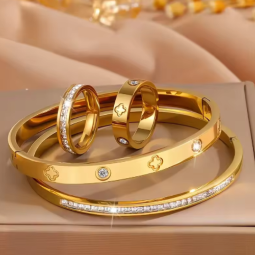 Luxury Stainless Steel Diamond Embedded Bracelet Ring Set